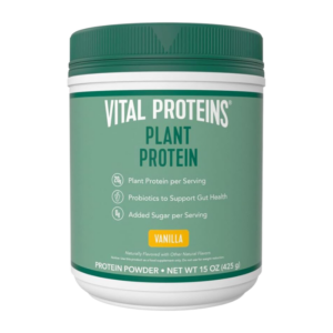 vital proteins vegan protein powder – 20g plant based protein with chickpea – 1b cfu probiotic for gut health, no added sugar – vanilla, 15 oz