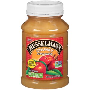musselman's home style chunky apple sauce low calorie, gluten free snack, low sodium, kosher, fat free, no cholesterol, no high fructuse corn syrup, from 100% fresh american grown apples. (24oz x 12)