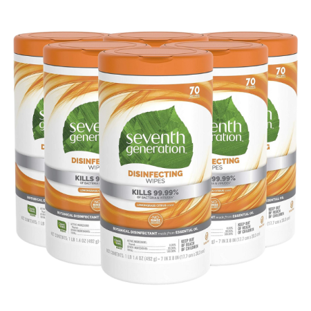 Seventh Generation Disinfecting Multi Surface Wipes, Botanical Disinfectant, 70 Count, Pack of 6